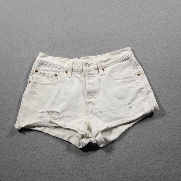 Levis 501 Cut-off‎ Shorts Womens 26 White High Rise Denim Button Fly Raw Hem - Picture 1 of 10